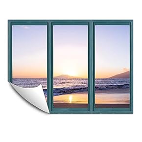 Wall Murals for Bedroom Fake Window Beach Blue Window Removable Wallpaper Peel and Stick Wall Stickers - 24x32 inches