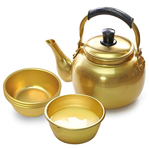 Eutuxia Makgeolli 4 Bowls + Kettle for Korean Traditional Raw Rice Wine, Dongdongju, Soup or Any Drinks. Lightweight & Sturdy Aluminum, Great for BBQ Parties, Camping & All Occasions. Made in Korea