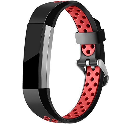 Maledan Replacement Bands Compatible for Fitbit Alta, Fitbit Alta HR and Fitbit Ace, Accessory Sport Bands Air Holes Breathable Strap Wristbands with Stainless Steel Buckle, Black/Red, Small