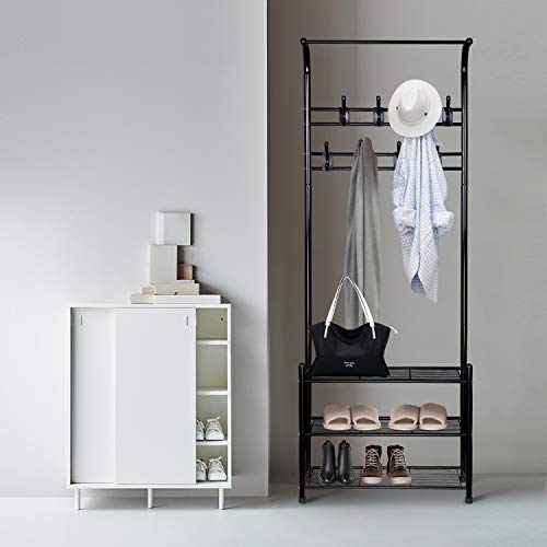 alvorog Entryway Coat Rack Shoe Bench, 3-in-1 Hall Tree, 3-Tier Storage Shelves with 16 Hooks Multifunctional Hallway Organizer, Easy Assembly (Black)
