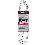 10 Ft Extension Cord with 3 Electrical Power Outlet - 16/3 Durable White Cable