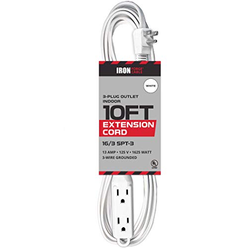 10 Ft Extension Cord with 3 Electrical Power Outlet - 16/3 Durable White Cable