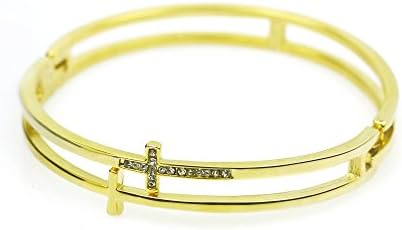 Religious Cross Cuff Crystals Bangle Bracelet Wrist Band Gold Stainless Steel Clasp Hinged for Women Girls Lady