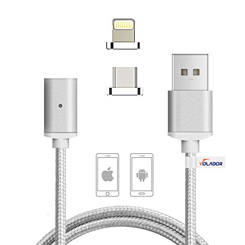 2 in 1 Magnetic USB Cable, VOLADOR 3.3ft Braided Charging & Sync Cord with Lighting Adapter and Micro USB Adapter for Android and Apple Devices (Silver)