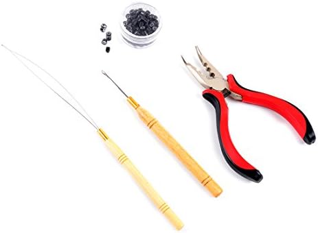 Fashion Icon 3 Pc Kit Hair Extension Tool for Micro Ring Link Hair and Feather Extensions:Pliers, Micro Pulling Needle, and Loop Threader With 100Pcs 5mm Micro Silicone Rings Beads(Black)