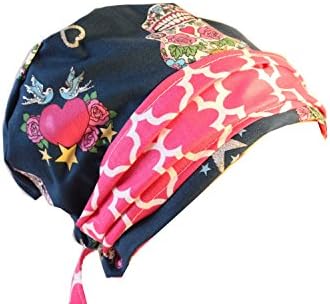 Scrub Hat Chemo Cap European BOHO Banded Pixie Bad Hair Day MANY Colors (glitter skull / pink)