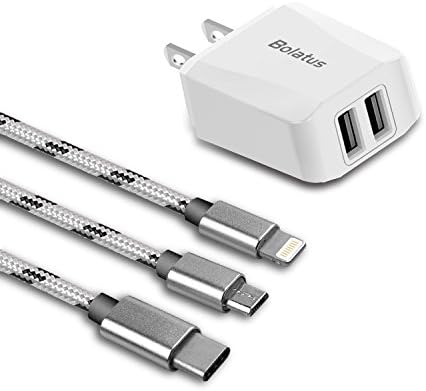 Bolatus USB Multi Charger cable 3-in-1 multiple fast charging cord adapter 3 ft Type C/Lightning/Micro USB for iPhone X 8 7 Plus Android Galaxy S8 7 LG G6 5 with 2.1A Dual USB Wall Charger(Sliver)