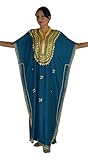 Moroccan Caftan Hand Made Top Quality Breathable Cotton with Gold Hand Embroidery Long Lenght Teal Blue
