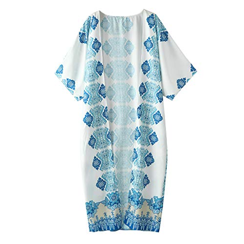 Women China Print Loose Long Bohe Maxi Bat-Wing Sleeve Cover-up Kimono Cardigan