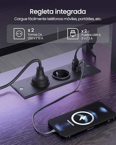 Secretária de jogos com luzes LED e tomadas de alimentação embutidas, secretária com prateleira para 2 monitores, mesa de quarto de escritório, 100 x 55 cm, preto ébano LWD191B56V2