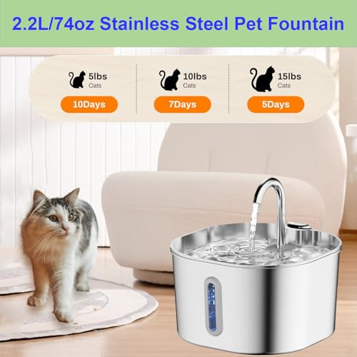 Cat Water Fountain Stainless Steel: 74oz/2.2L Cats Fountain for Drinking - Water Fountains for Cats Indoor - Quiet pet Water Fountain - Kitty spout cat Water Fountain - for Pets& Small Animals