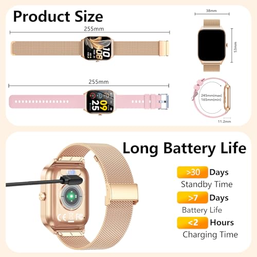 CASCHO Women's Smartwatch 1.85 Inch Smartwatch with Calls/WhatsApp Notifications, 120 Sports Modes/Sleep/Heart Rate Monitor/SpO2/Pedometer, Smart Watch for Android iOS (Dual Strap)
