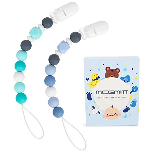 Baby Pacifier Clip, MCGMITT Silicone Teether Beads Binky Holder Teething Relief BPA Free for Girls Boys, 2 Pack Shower Gift Set (Turquoise+Blue)