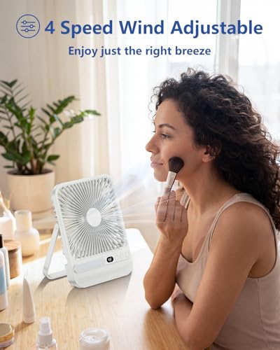 Nuerst 8000mAh Portable Travel Fan 7 inch, Max 28H Runtime, Rechargeable Battery Powered Desk Fan with LED Lantern, 180° Rotate Ultra-thin Silent USB Fan for Camping Bedroom Cruise RV (White)