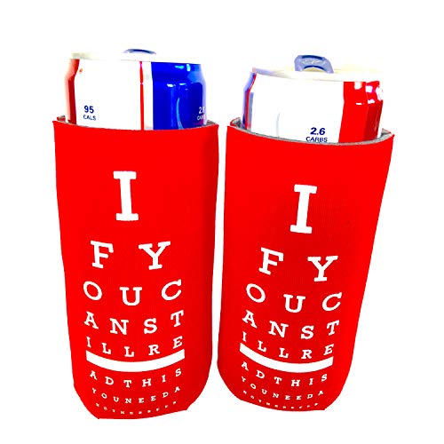 12 oz. Slim Beer Can Sleeves - Set of 2 Funny Eye Chart Coolies (Red)