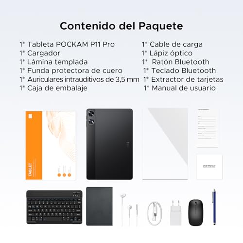 POPUX P11 Pro Tablet Android 16, 2.4K 90Hz Tablet 11 Pulgadas con Gemini AI, 48GB RAM+128GB ROM, Tablets T7250 Octa-Core, 13MP+5MP, 8800mAh, 5G WiFi, Auriculares, Tablets con Teclado&Lapiz, Negro