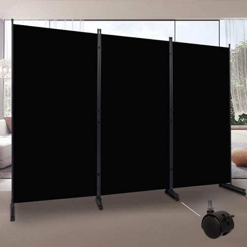 Room Divider Folding Privacy Screens with Wheels, 6FT Tall Divider for Room Separation, 3 Panel Movable Room Partitons, Indoor Room Dividers Panel with Non-See Through Fabric for Office (Black)
