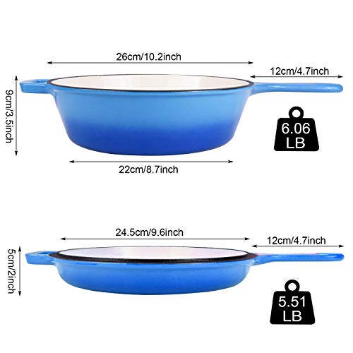 Enameled 2-In-1 Cast Iron Multi-Cooker - Heavy Duty 3.2 Quart Skillet and Lid Set, Versatile Healthy Design, Non-Stick Kitchen Cookware, Use As Dutch Oven Frying Pan (Blue)