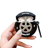 ICI-Rencontrer 3D Cute Speed Power Carriage Wheel Design Airpods Case Creavive Car Tire Wireless Earphone Soft Silicone Anti-Scratch Shockproof Protector For Airpods 1 & 2 With Carabiner Black