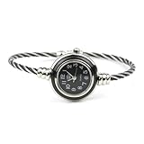 Womens Silver Classic Twisted Band Bracelet Round Wrist Watch Black