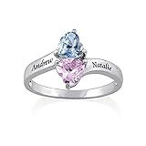 Hua Meng Two Heart Shaped Birthstones Engraved Ring - Personalized Name Ring Promise Rings Made Gift for Her