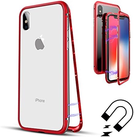iPhone 7/8 Case - MFEEL Ultra Slim Magnetic Adsorption Metal Frame Scratch-Resistant Tempered Glass Back Support Wireless Charging with Built-in Magnet Flip Cover for Apple iPhone 7/8