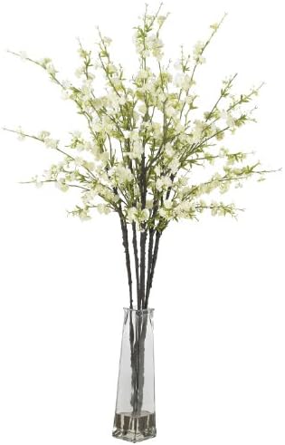 Nearly Natural 1193Wh Cherry Blossoms With Vase Silk Flower Arrangement White