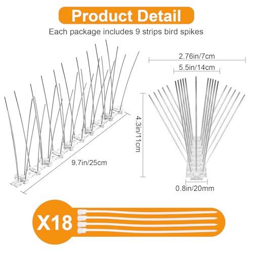 Anti-Pigeon Spikes 2.25 Metres Spikes for Pigeons, Anti Birds, 9 Pieces Bird Scares Balcony Spikes Anti Cats for Roofs, Gardens, Private Barriers, Terrace and Windows