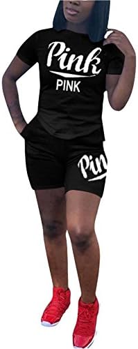 WentShopping Women Pink Letters Short Sleeve Tops and Mini Shorts Casual Short Pantsuits
