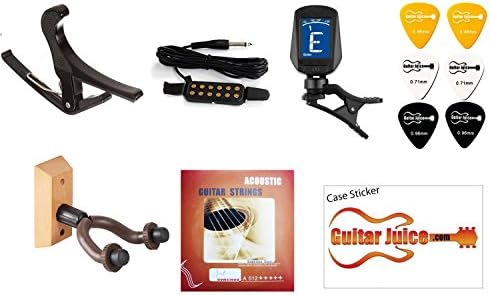 Guitar Accessories - by Guitar Juice, for Acoustic Guitarists: kit includes Capo, Strings, Hanger, Tuner, Sound Hole Pickup, 6 Picks and a Case Sticker, a $50 Value