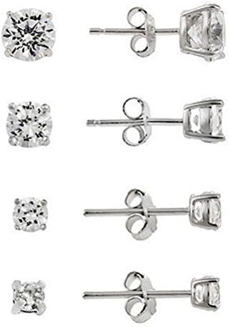Crystalbella Fashion 4 Pairs Rhodium Plated Silver Tone Cz Stud Earrings Set