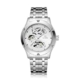 Stainless Steel Band Skeleton Dial Mechanical Wrist Watch for Men (White Dial)