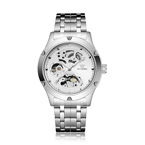 Stainless Steel Band Skeleton Dial Mechanical Wrist Watch for Men (White Dial)