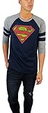 DC Comics Mens Superman Distressed Logo Varsity Football 3/4 Sleeve Raglan