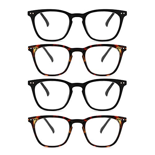 OQ CLUB Stylish 4-Pack Quality Spring Hinge Comfortable Reading Glasses Women Men (2 Black+2 Amber,3.00)