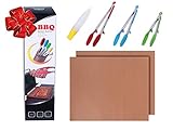 Heavy Duty Non Stick Silicone Tongs - BBQ Copper Grill Mat Set: Stainless Steel Log Kitchen Cooking Tongs With Heat Resistant Tips - Barbecue Baking Grilling Matt Tools As Seen On TV - FREE Oil Brush