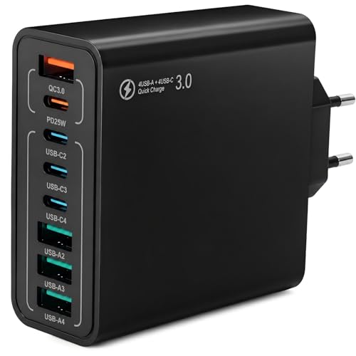 Cargador USB C Carga Rápida 120W, 8 Puertos Multipuerto con Enchufe, 3USB-C + 3USB-A, Cargador Rápido Inteligente QC 3.0, Compatible con iPhone, Samsung, Xiaomi, Otros Dispositivos USB