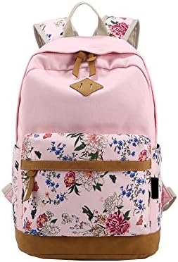 Women's Korean Version of the Canvas Shoulder Bag Floral Stitching Large Capacity Travel Bag Computer Backpack (pink)