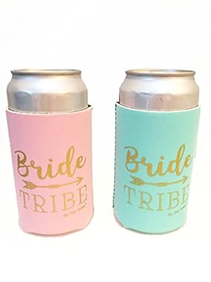 BRIDE TRIBE Can Bottle Cooler Sleeves for Bachelorette Party, Bridal Shower | Pack of 10 Mint Green or Pink plus 1 BRIDE Cooler in White