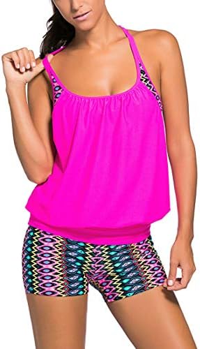 Women's Polyester Colourful Print Insert Padded Rosy 2 Pieces Tankini Swimsuit (Pink, Small)