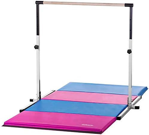 Nimble Sports White Adjustable Horizontal Bar and 4 Feet X 8 Feet Pink and Light Blue Gymnastics Mat Combo