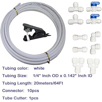 Malida RO Water Filter Tubing,20Meters/64Ft,1/4 inch OD, Hose Pipe for RO Water purifiers System. (white tube 20meters + quick connector 10 pcs)