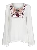 Joeoy Women's White Textured Embroidered Long Sleeve Peasant Blouse Shirt Top