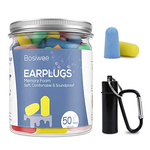 50 Pairs Ultra Soft Foam Earplugs, Bosiwee Memory Foam Earplugs with Carry Case & Carabiner, 30dB NRR Ear Plugs Perfect Fit Noise Reduction Canceling Isolating for Sleeping, Hearing Protection, Work
