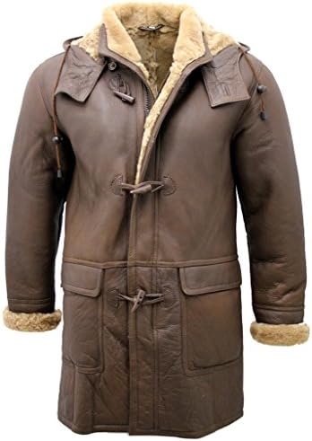 Infinity Men's Black Sheepskin Leather Detachable Hood Duffle Coat