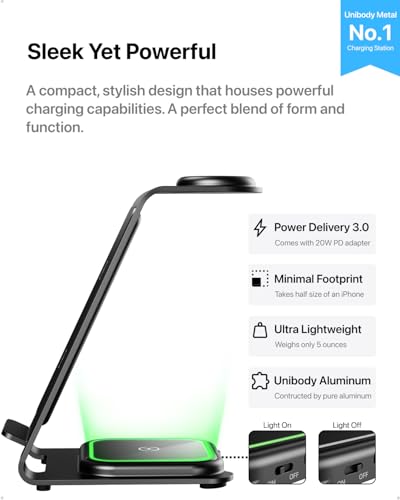 Intoval Aluminum 3-in-1 Wireless Charging Station for iPhone 17/17 Pro/17 Pro Max/16/16 Pro/16 Pro Max/15/14/13/12,for Apple Watch 11/Ultra 3/SE 3/10/9/8/7,for AirPods Pro 3/4/Pro 2/3/Pro (Grey)