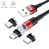 Magnetic Phone Charger Cable, GARAS 3 in 1 Nylon Braided USB Fast Charging & Data Syncing Cord with LED Light Compatible with Mirco USB, Type C Smartphone and iProduct(3.9 ft-Red)