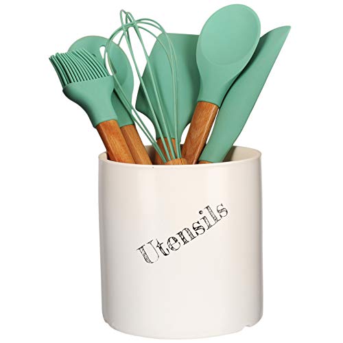 Large Ceramic Kitchen Utensils Holder Jumbo Cooking Utensil Crock Kitchen Tools Organizer Caddy (White)