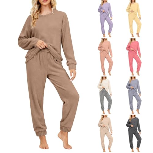 Womens Fleece Pyjamas Set Plus Size Winter Fluffy Pjs Set Soft Warm Fuzzy Lounge Wear Sets Long Sleeve Crewneck Tops And Elastic Waist Bottoms Comfy Plush Loungewear Loose Christmas Sleepwear Brown