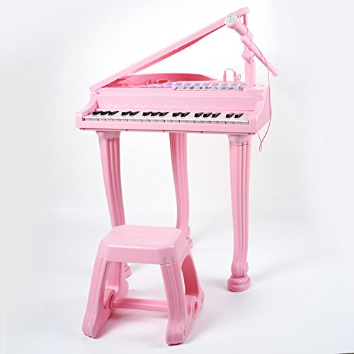 Mallya Musical Kids Electronic Keyboard Childs 37 key Toy Grand Beginner Baby Piano with Bench and Microphone Princess Pink